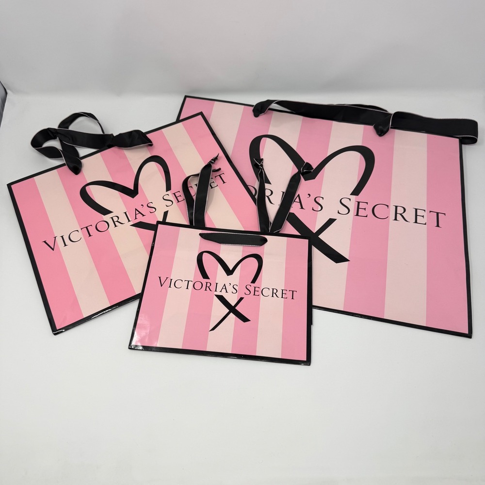 Victorias Secret Pink Stripe Paper Gift Shopping Bags Set of 3 Small Medium Lar